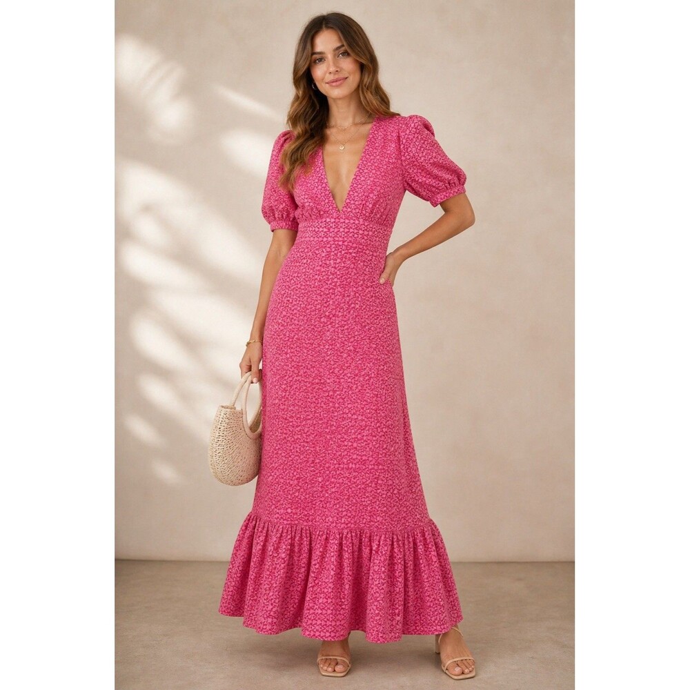 Tularosa Pink Geometric Print Maxi Dress Puff Sleeve V-Neck Ruffle Hem Size L